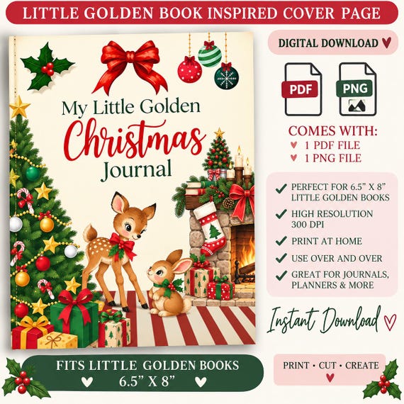 Little Golden Christmas Journal Cover | 6.5x8 Printable Page | PDF PNG Digital Download