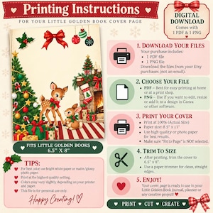 May include: A digital download instruction sheet for a Little Golden Book cover page featuring a Christmas scene with a fawn, a rabbit, a decorated tree, and gifts. The text includes printing instructions, file formats, and size specifications.