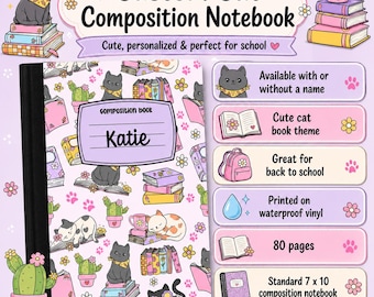 Personalized Cat Composition Notebook, Cat/Book Lover, Custom Name Journal, Back to School Supplies