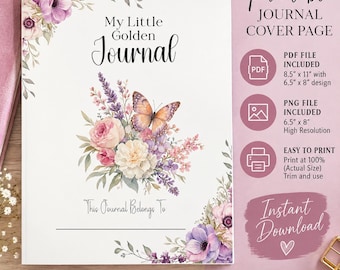 Golden Book Journal Cover Page | Purple Floral Printable | PNG PDF | Commercial Use