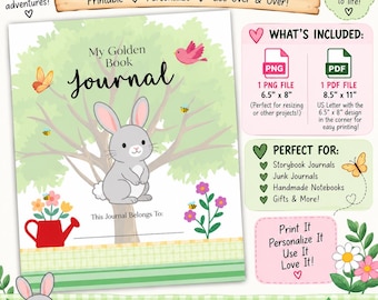 Golden Book Journal Inside Cover | Woodland Bunny Printable | 6.5x8 PNG & PDF | Commercial Use