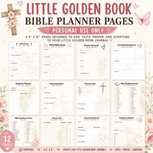 May include: A set of 12 printable Bible planner pages measuring 6.5 inches by 8 inches, featuring floral designs, crosses, and butterflies. The pages include sections for Bible study, prayer journals, scripture writing, sermon notes, and reading trackers.