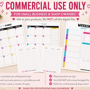May include: A set of printable planner pages including a monthly planner, a yearly calendar, a weekly planner, and two lined note sheets. The pages feature colorful headers and grid layouts with text reading COMMERCIAL USE ONLY and WEEKLY PLANNER.