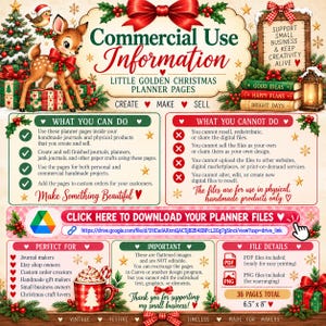 May include: A digital commercial use information sheet for Little Golden Christmas planner pages. The document features a fawn, Christmas tree, and gift boxes. It outlines usage rules, download links, file details, and includes 36 pages at 16.5 cm x 20.3 cm.