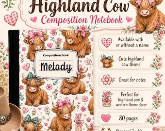 Personalized Highland Cow Composition Notebook, Western Cowgirl Journal, Back to School Supplies