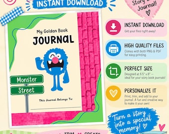 Golden Book Journal Cover Page | Printable Blue Monster | PNG & PDF | Commercial Use