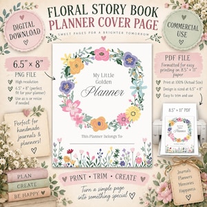Op de afbeelding: Een digitale planner-omslagpagina met een bloemenkrans rond de tekst My Little Golden Planner en This Planner Belongs To. Het ontwerp bevat kleurrijke bloemen, groen gebladerte en tekst op een witte achtergrond, met een formaat van 16,5 cm bij 20,3 cm.