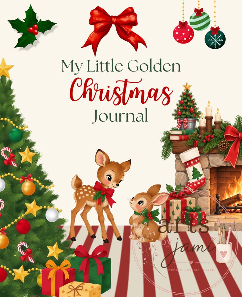May include: A journal cover titled My Little Golden Christmas Journal featuring a fawn and a rabbit on a striped rug. The scene includes a decorated Christmas tree, a fireplace with a stocking, gifts, holly, and hanging ornaments in red and green.