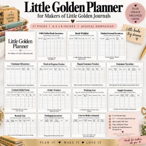 May include: A Little Golden Planner digital download for makers of Little Golden journals, featuring 31 pages measuring 6.5 x 8 inches. The planner includes various tracking sheets for inventory, customer directories, orders, supplies, and project costs.