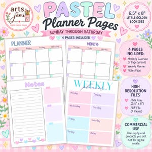 Peut inclure: Un ensemble de quatre pages de planification imprimables de 16,5 cm x 20,3 cm aux tons pastel. Les pages comprennent un calendrier mensuel, un planificateur hebdomadaire avec des blocs roses, violets et bleus, et une page de notes lignée.