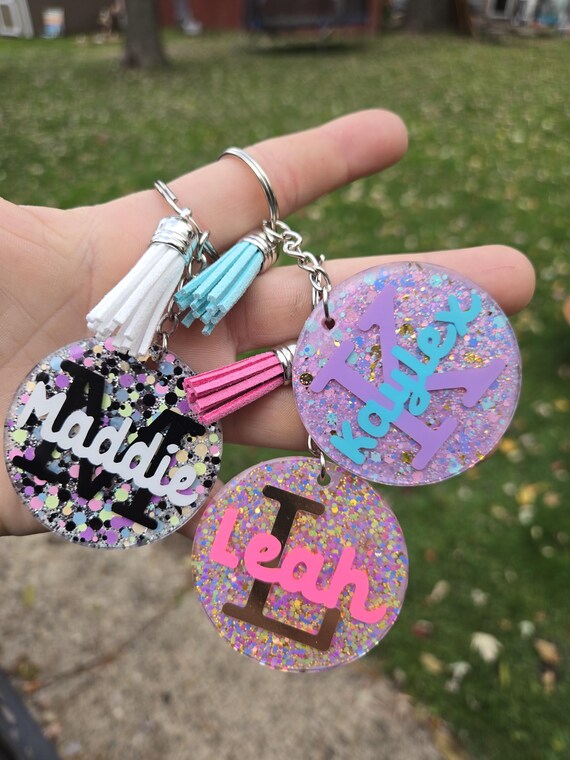 Personalized Glitter Resin Keychain, Custom Name Backpack Charm