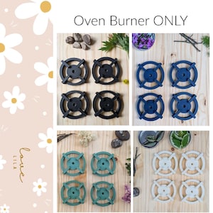 May include: Assortment of oven burner grates in black, navy blue, teal, and white. The grates are arranged in sets of four, with a circular design and cross-shaped supports. The text "Oven Burner ONLY" is at the top.
