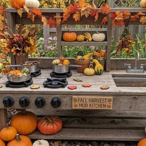 May include: A wooden mud kitchen featuring a stove with four black burners, a metal sink, and a sign reading FALL HARVEST MUD KITCHEN. The structure is decorated with autumn leaves, various pumpkins, gourds, and metal pots on the counter.