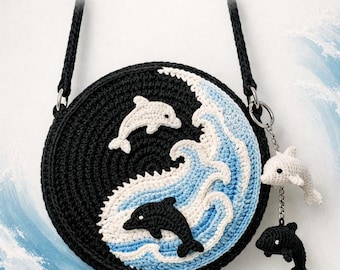 Patrón de bolso redondo Yin Yang de ganchillo con delfín, PDF, dije amigurumi de bolso cruzado con temática oceánica, descarga instantánea.