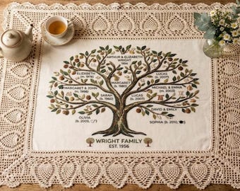 Patrón de mantel con árbol genealógico en PDF, borde de encaje de ganchillo, bordado, reliquia familiar
