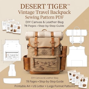 Vintage Travel Backpack Sewing Pattern PDF, Roll Top Canvas Leather Bag DIY