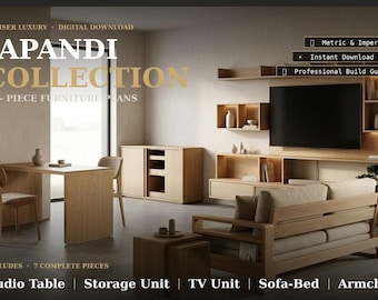 Planos de muebles Japandi en PDF: Sofá, mueble de TV y almacenamiento de 7 piezas (medidas métricas). Descarga instantánea.