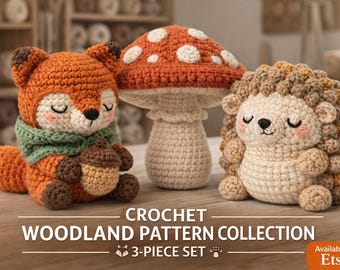 Colección de amigurumis de amigos del bosque en formato PDF: erizo, ardilla, seta y patrones de ganchillo.