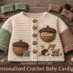 May include: Cream-colored crochet baby cardigan with acorn and deer appliqués. Features green and brown sleeves, and the name "Oliver" on an acorn. Includes matching crochet wrist cuffs. The text reads "Handmade with Care" and "Personalized Crochet Baby Cardigan".