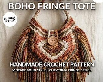 Patrón PDF para bolso de ganchillo con flecos estilo boho, bolso de iniciación con botones de madera cuadrados y estampado de espiga (descarga gratuita)
