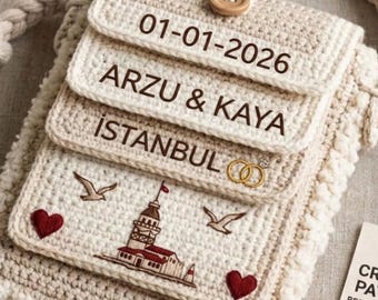 Bolsa de recuerdo de ganchillo personalizada para parejas (PDF), patrón personalizado con nombre de ciudad, fecha y aniversario de boda.
