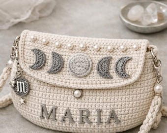 Patrón PDF para bolso de ganchillo con nombre personalizado y fases lunares, bolso bandolera boho con perlas celestiales para descargar.
