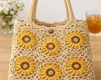 Patrón PDF para bolso de ganchillo cuadrado con girasoles en 3D, bolso floral bohemio de verano, descarga instantánea.