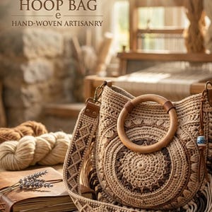 Peut inclure: Sac artisanal tissé à la main, le Mandala Hoop Bag, avec un motif circulaire et une anse en bois. Le sac est orné d'une bandoulière à motifs et de franges. Un carnet, un stylo et de la lavande séchée sont également visibles.