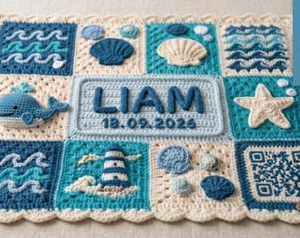 Personalized Ocean Baby Boy Blanket Crochet Pattern PDF, Custom Name Nautical Whale Keepsake Gift