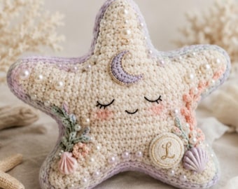 Patrón de almohada de estrella de mar a crochet en PDF, regalo personalizado para habitación infantil con temática marina.