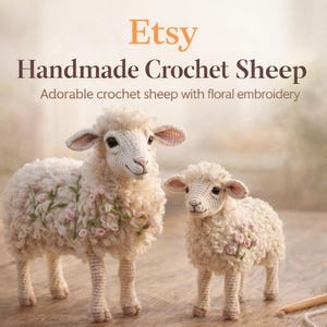 May include: Two handmade crochet sheep figures in cream yarn with pink floral embroidery on their bodies. The text Etsy Handmade Crochet Sheep Adorable crochet sheep with floral embroidery is visible at the top of the image.