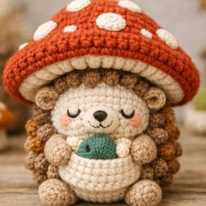 May include: A handmade crocheted hedgehog toy, wearing a red mushroom hat with white spots. The hedgehog has a cream-coloured body, brown spines, and holds a small green creature. The eyes are closed, and the cheeks are pink.