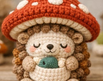 Patrón de ganchillo en PDF de erizo con forma de seta, tutorial de amigurumi estilo cottagecore con animales del bosque.