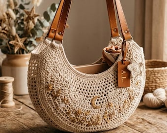 Crescent Moon Crochet Bag Pattern PDF, Celestial Boho Hobo Bag, Leather Strap Instant Download