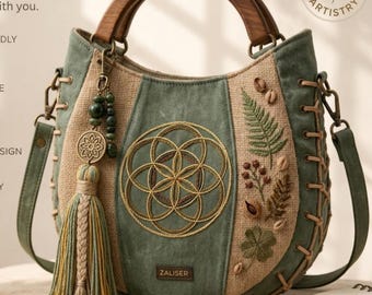 Patrón de costura en PDF para bolso estilo boho bohemio botánico, bolso con asa de madera Seed of Life (descarga gratuita)