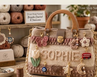 Patrón PDF para bolso de ganchillo personalizado con nombre personalizado y asa de madera estilo boho.