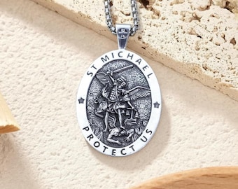 Collana con medaglia di San Michele Arcangelo in argento sterling 925, ciondolo San Michele Proteggici, regalo cattolico di protezione per uomo