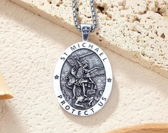 St. Michael Erzengel Medaille Halskette 925 Sterling Silber, St. Michael Protect Us Anhänger, katholisches Schutz Geschenk für Männer & Frauen