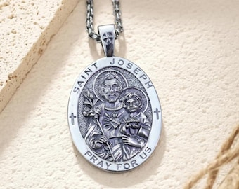 St. Joseph Medal Necklace in 925 Sterling Silver, Saint Joseph Pray For Us Pendant, Catholic Faith Jewelry Gift for Men Women