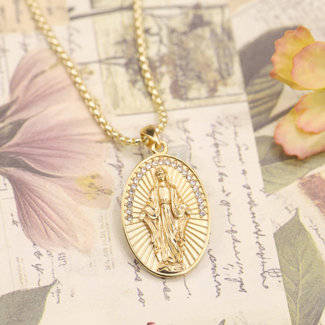 Gold Plated Virgin Mary Necklace, 925 Sterling Silver Miraculous Medal ...