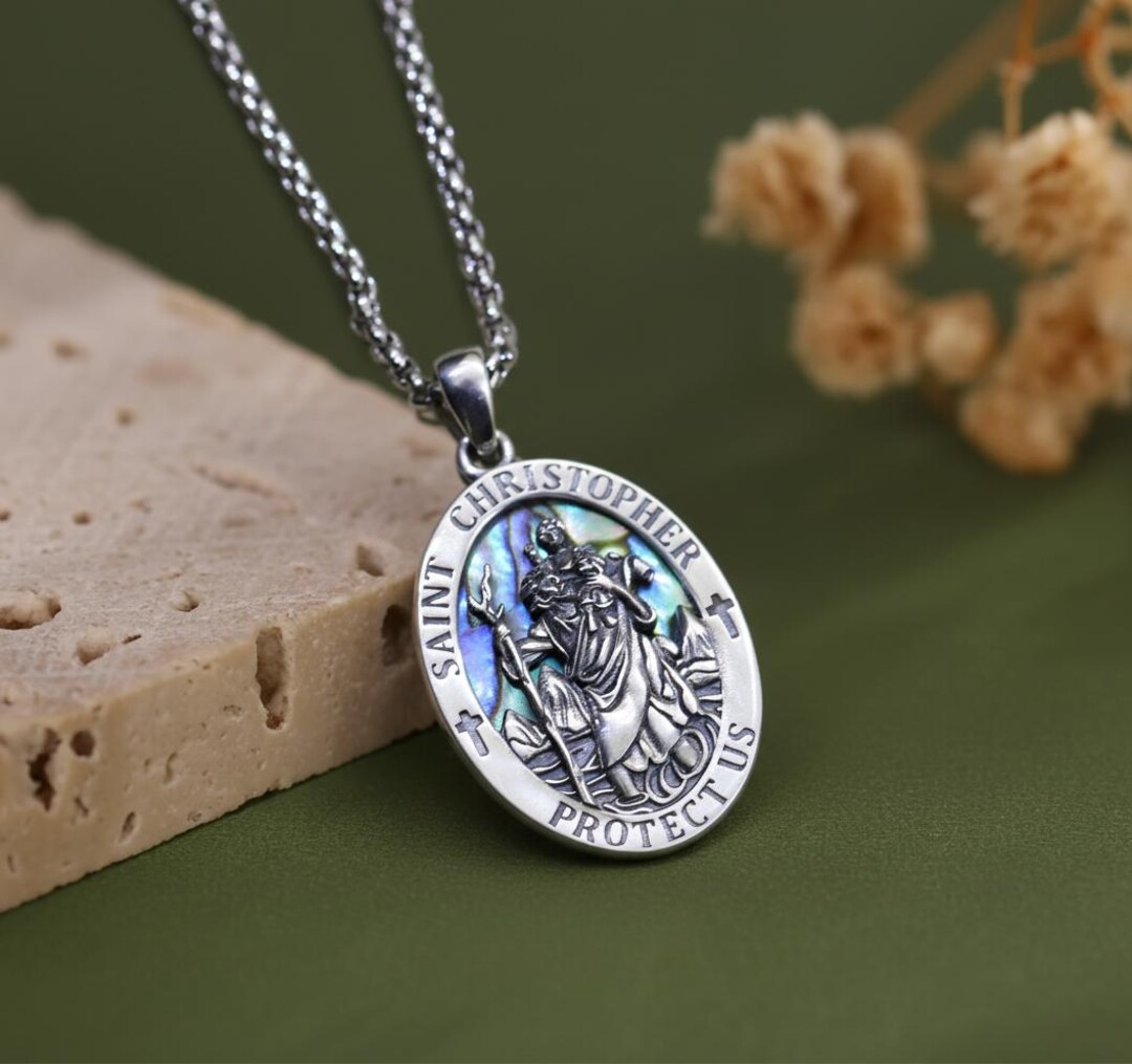 Saint Christopher Necklace 925 Sterling Silver Abalone Shell Pendant ...