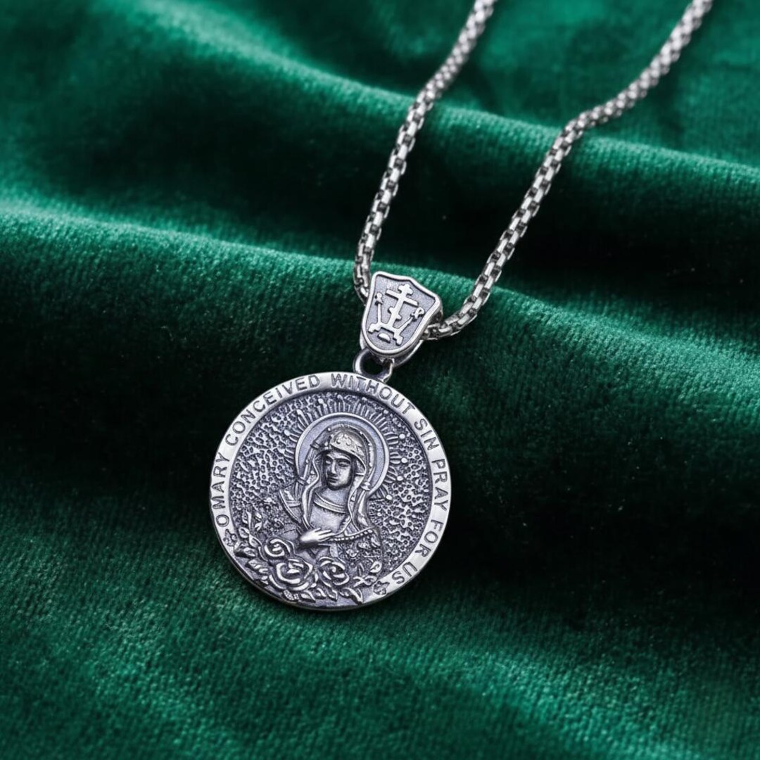 925 Sterling Silver Virgin Mary Medal Necklace Catholic Miraculous ...