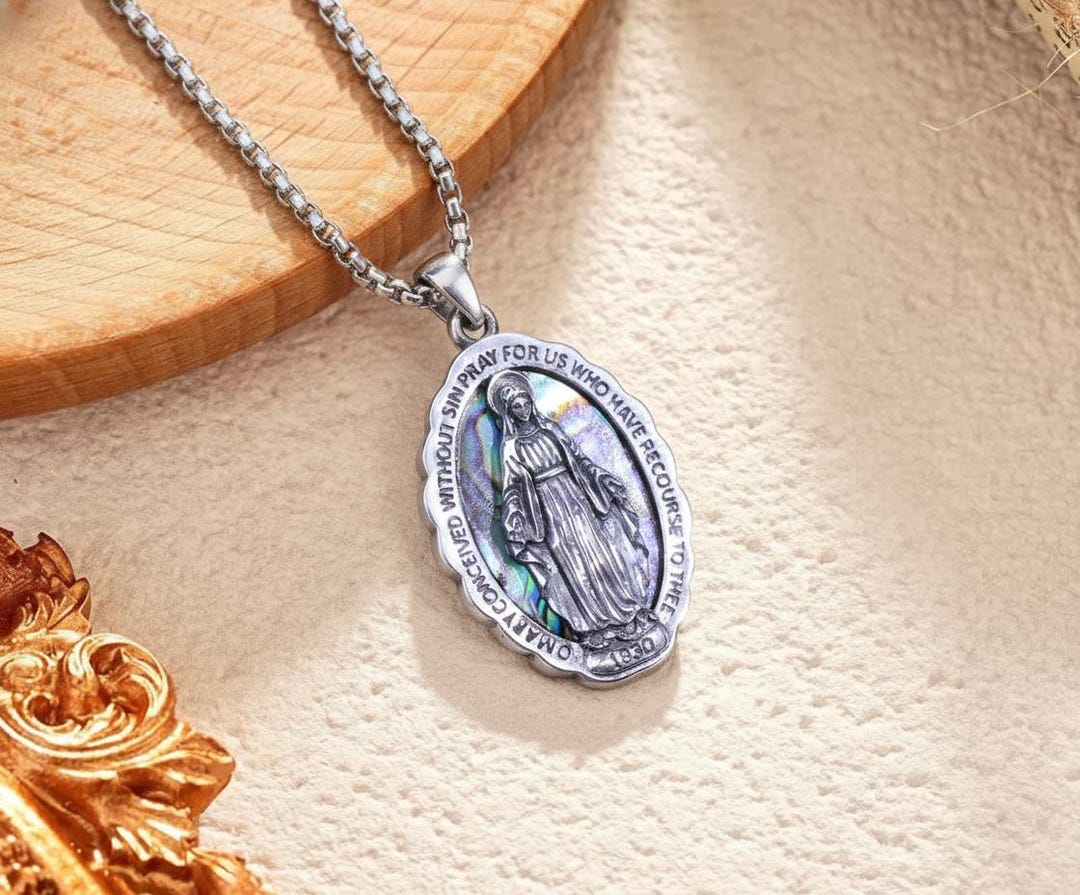 925 Sterling Silver Miraculous Medal Necklace, Virgin Mary Pendant With ...
