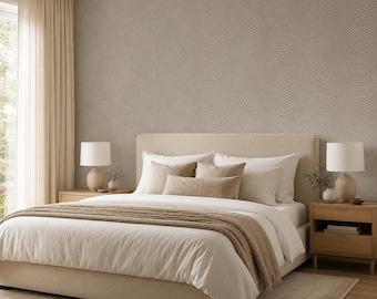 Neutral Wave Peel and Stick Wallpaper, Taupe Abstract Line Wall Mural, Canvas or PVC, 20x48-20x396 in