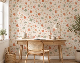 Terrazzo Peel and Stick Wallpaper, Coral Sage Green Neutral Speckled Wall Mural, Canvas or PVC, 20x48-20x396 in