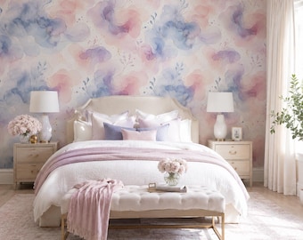 Pastel Watercolor Floral Peel and Stick Wallpaper, Pink Purple Blue Abstract Wall Mural, Canvas or PVC, 20x48-20x396 in