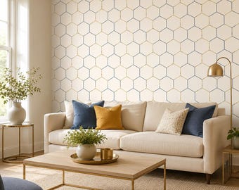 Geometric Hexagon Peel and Stick Wallpaper, Blue Gold Honeycomb Wall Mural, Canvas or PVC, 20x48-20x396 in