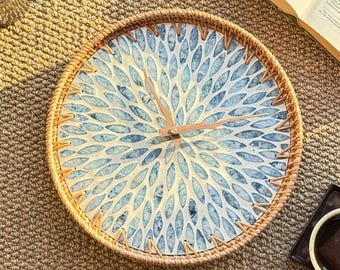 Rattan & Mother of Pearl Wall Clock · Blue Leaf Mosaic · Silent Movement · 30/35cm-12/14 inch Boho Decor · Handmade Natural Home Gift