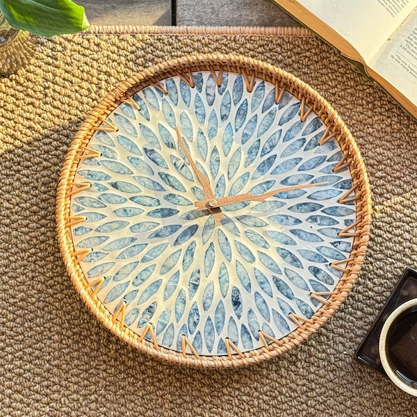 Rattan & Mother of Pearl Wall Clock · Blue Leaf Mosaic · Silent Movement · 30/35cm-12/14 inch Boho Decor · Handmade Natural Home Gift