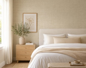 Beige Linen Texture Peel and Stick Wallpaper, Neutral Fabric Look Wall Mural, Canvas or PVC, 20x48-20x396 in